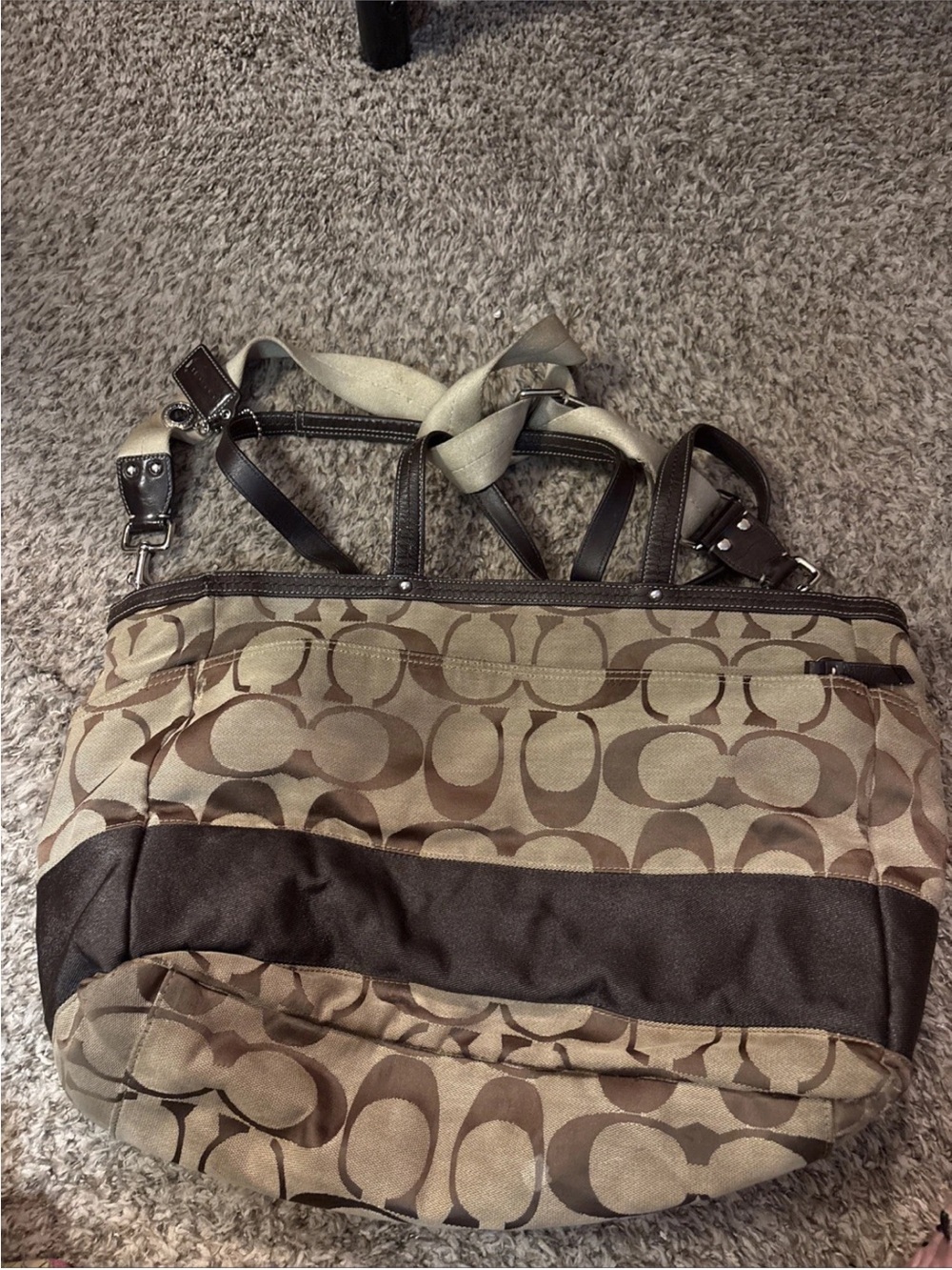 Coach Signature Canvas Tote in Tan and Dark Brown/diaper bag
